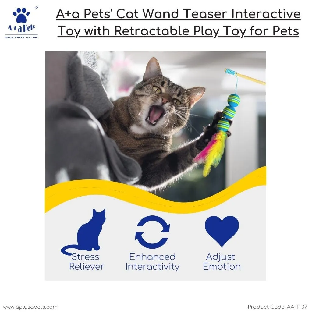 A a Pets' Cat Wand Teaser Interactive Toy with Retractable Ball Feather Play - Blue