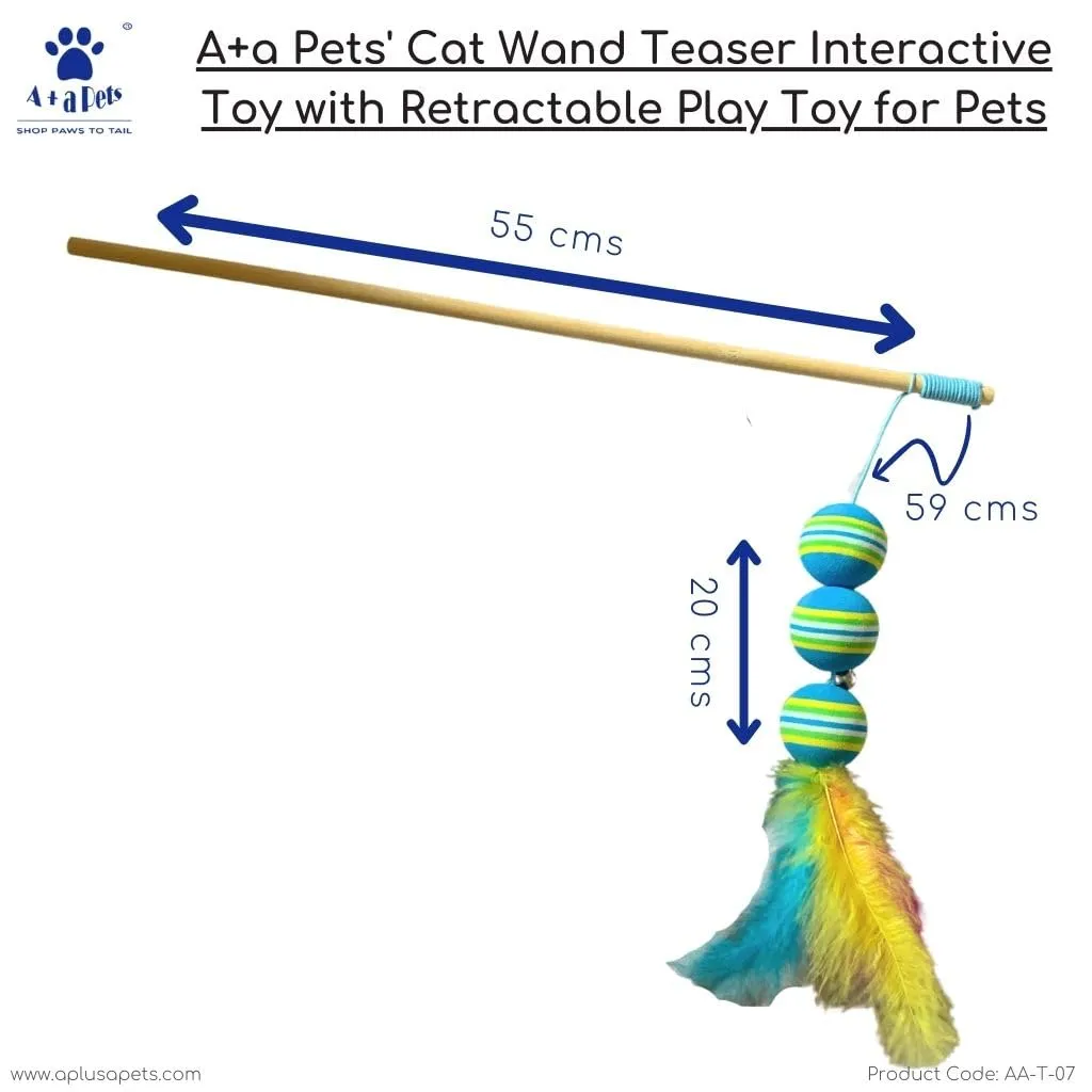 A a Pets' Cat Wand Teaser Interactive Toy with Retractable Ball Feather Play - Blue