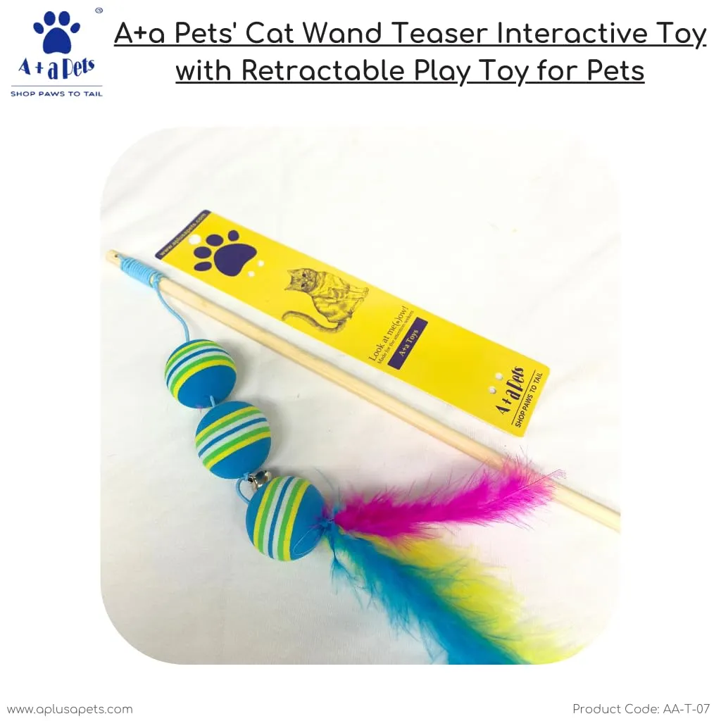 A a Pets' Cat Wand Teaser Interactive Toy with Retractable Ball Feather Play - Blue