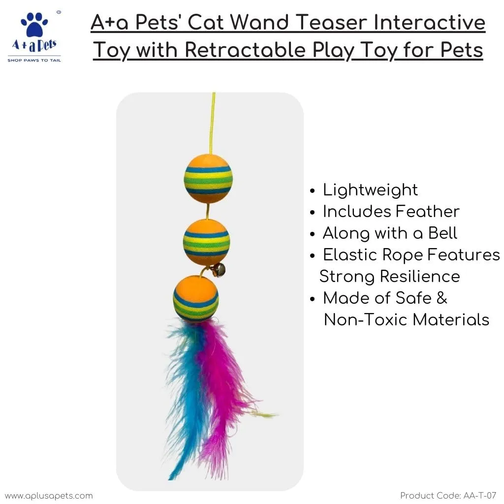 A a Pets' Cat Wand Teaser Interactive Toy with Retractable Ball Feather Play - Blue