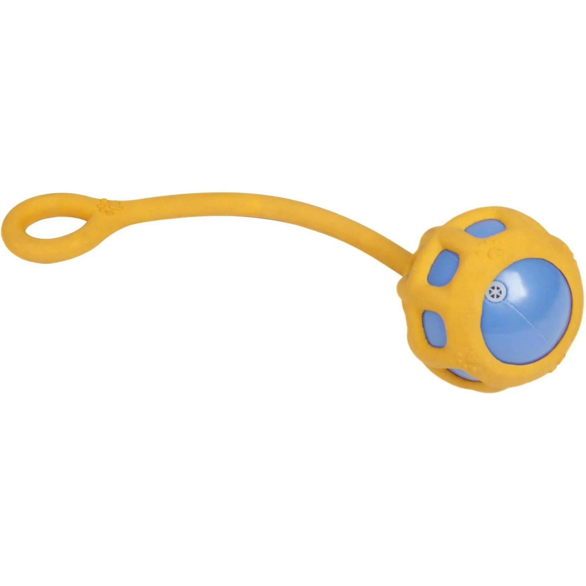 Durable rubber dog toy with squeaking ball.