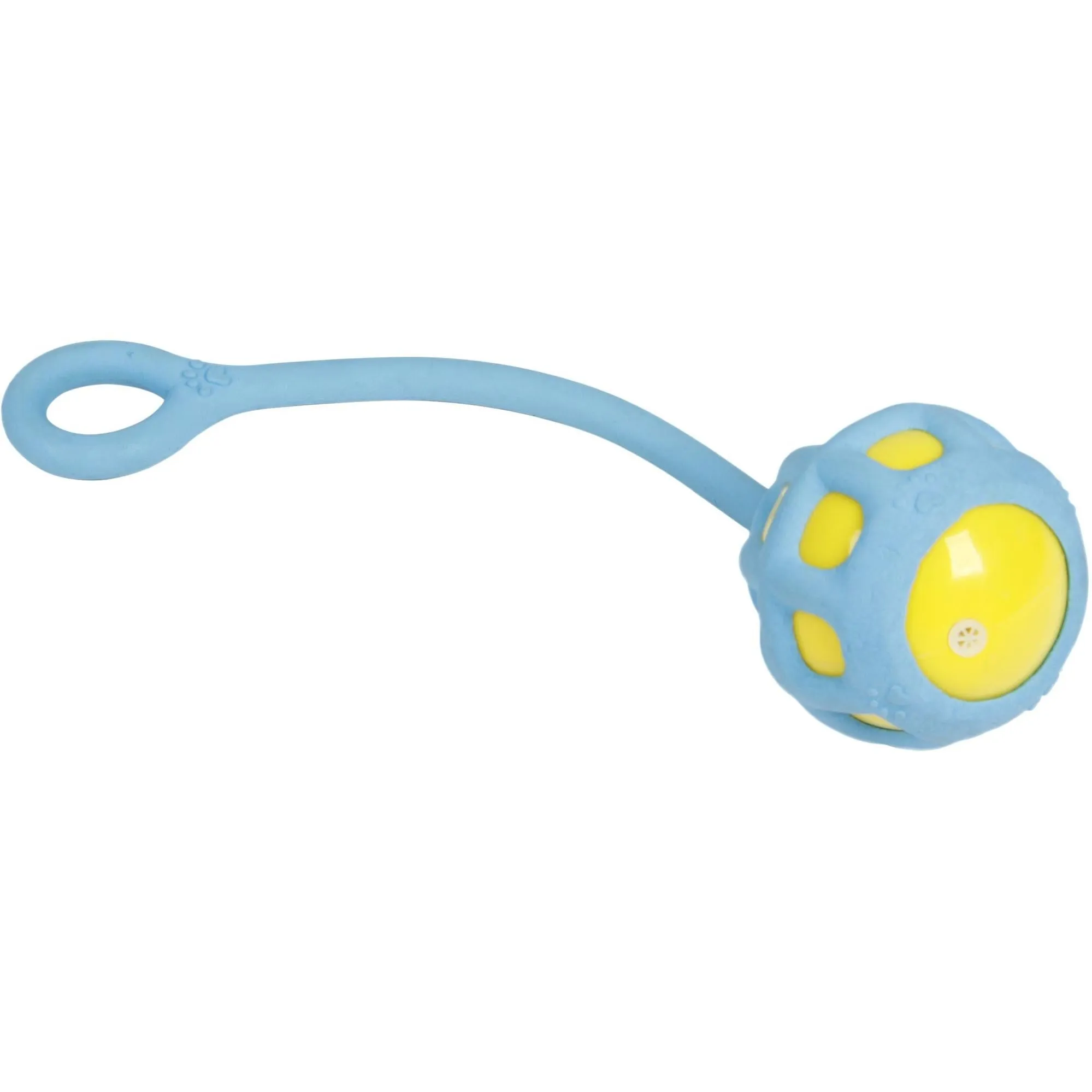 Durable rubber dog toy with squeaking ball.