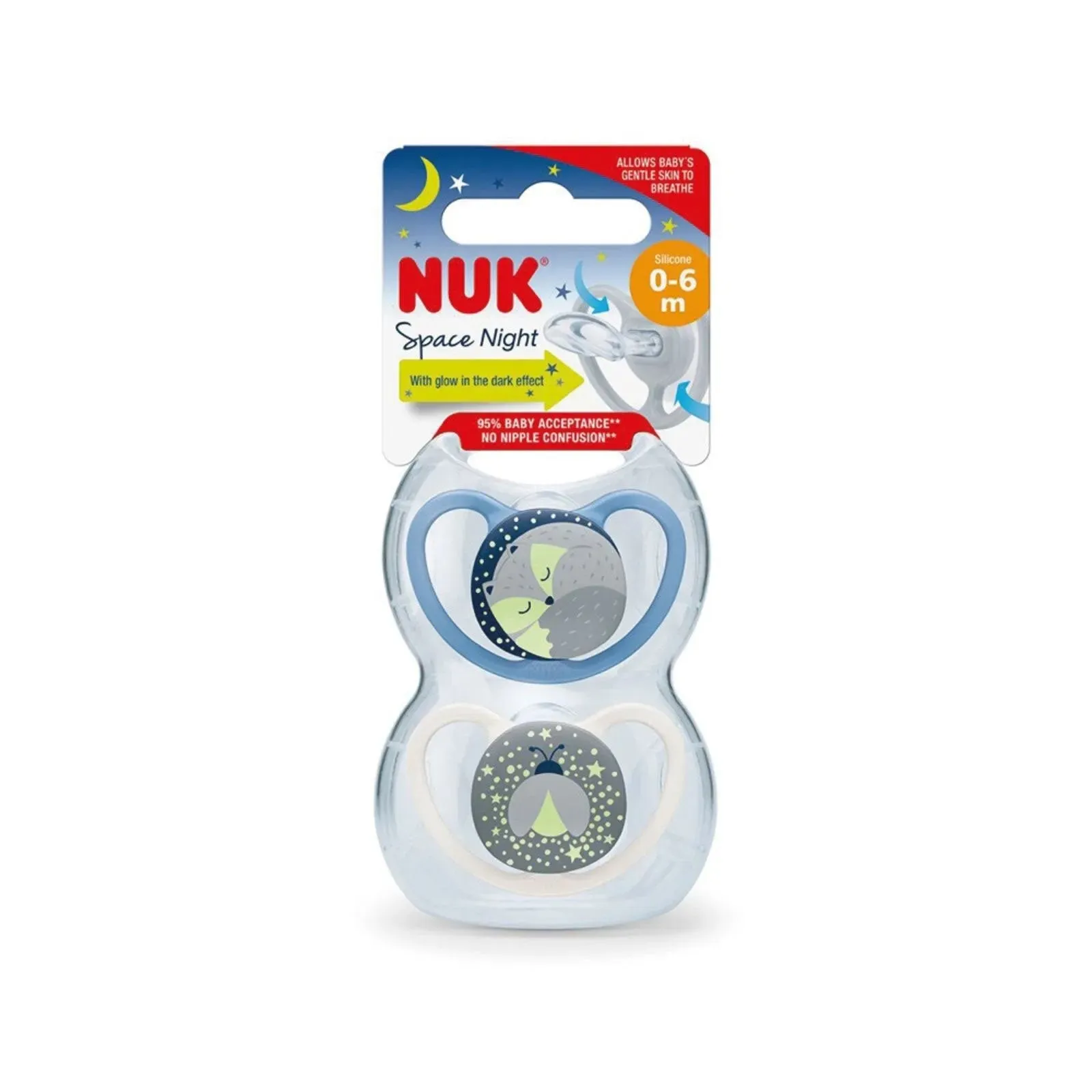 NUK Space Night Soother 0-6m Pack of 2 Assorted - Blue