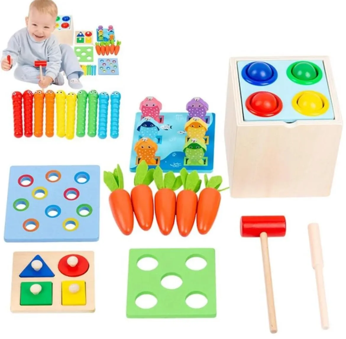 TOYARTSY Wooden Montessori Activity Cube Educational Learning Toys Wooden Carrot Pulling Baby Toy for 2-4 Year Olds