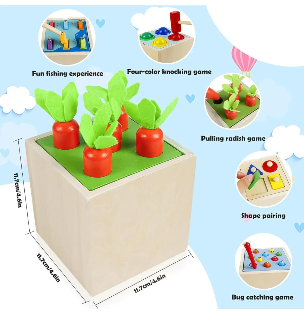 TOYARTSY Wooden Montessori Activity Cube Educational Learning Toys Wooden Carrot Pulling Baby Toy for 2-4 Year Olds